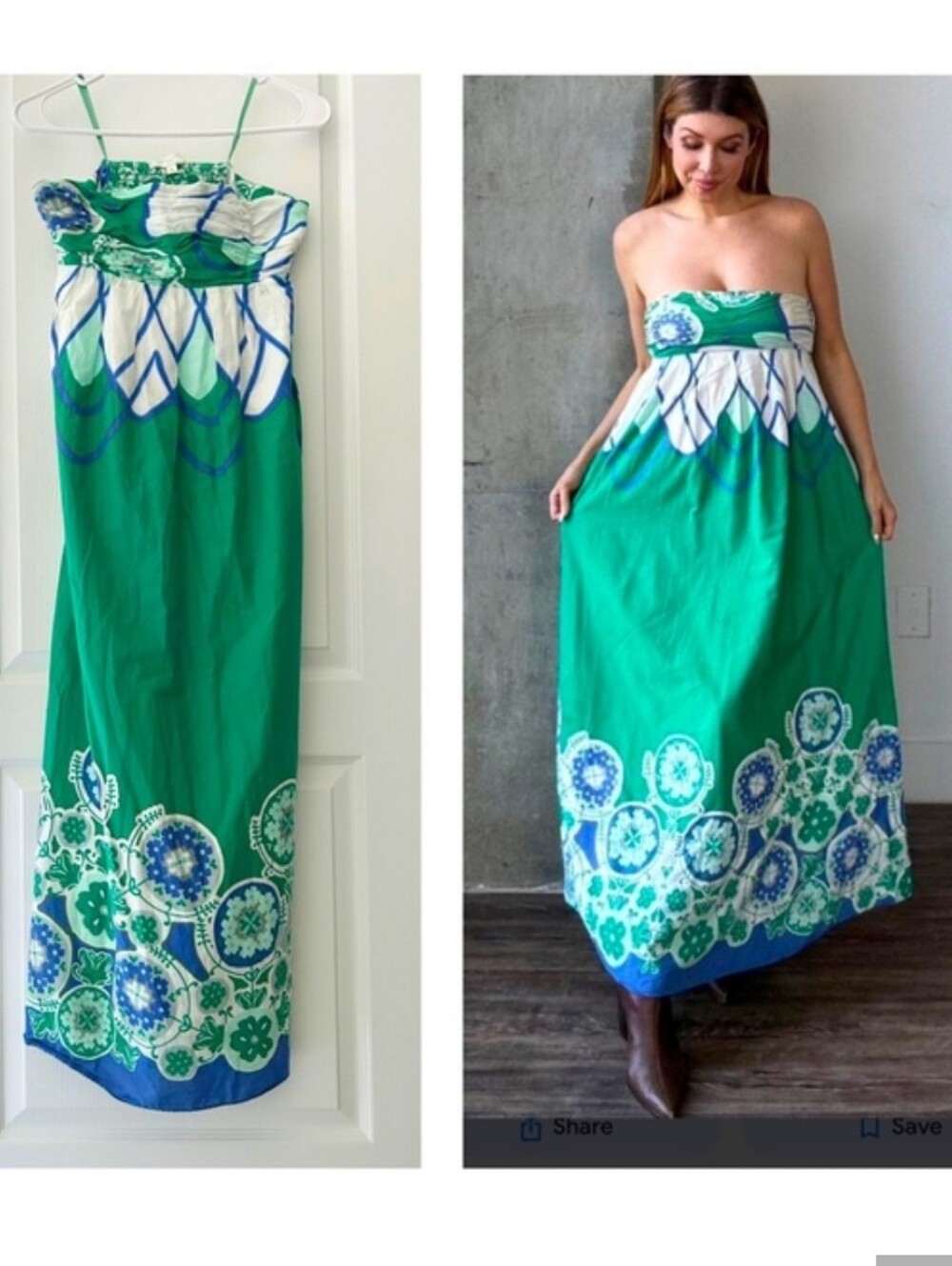 Moulinette Soeurs Green Floral Strapless Maxi with Blue & White Accents